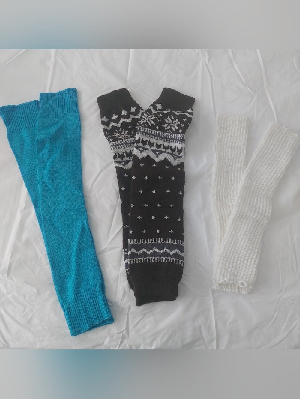 Knit Leg Warmers Trio - Teal, Brown Fair Isle, and White
